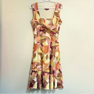 Retro Print Geometric & Floral A-Line Midi Dress w Square Neck — Size Medium GUC